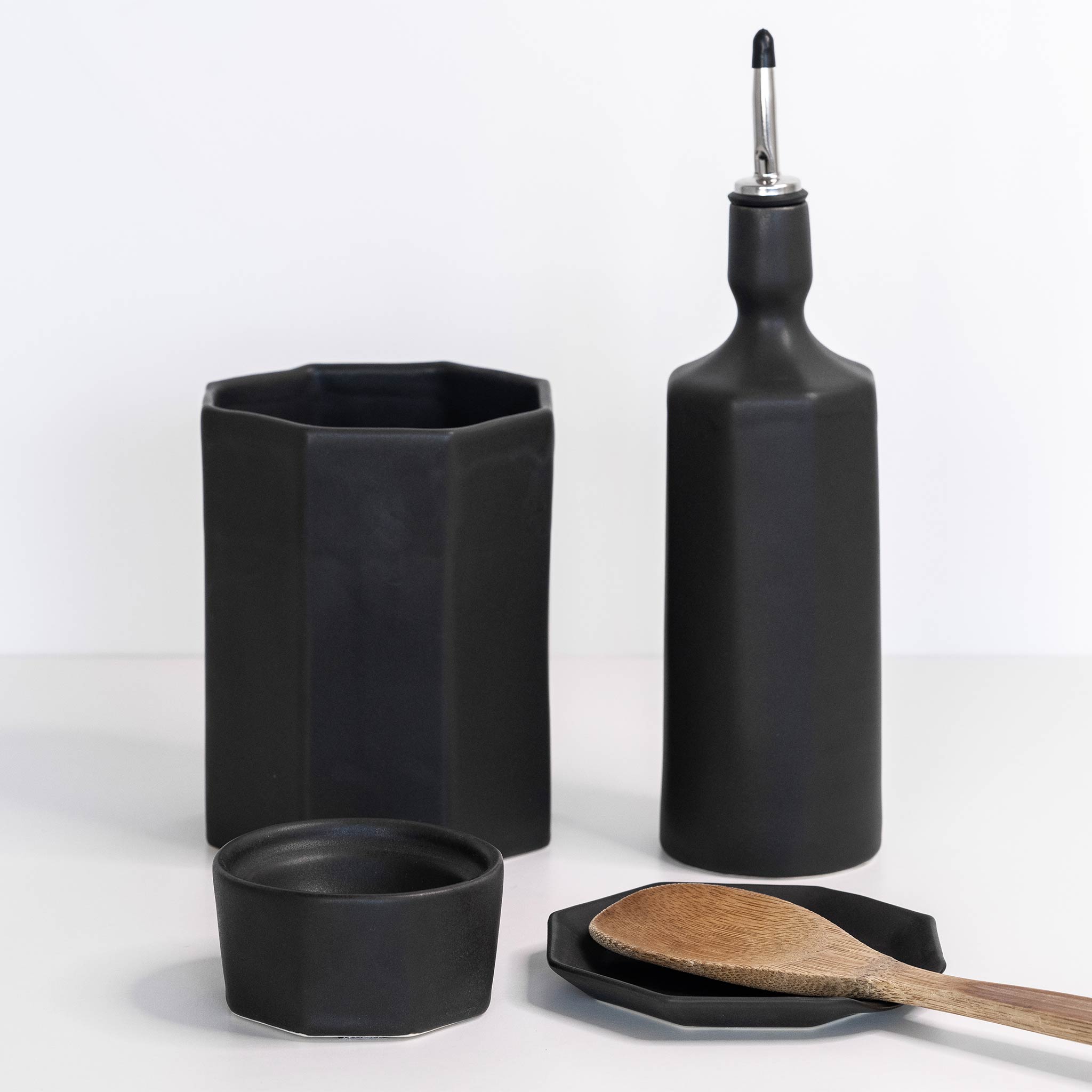 Ceramic Olive Oil Dispenser Bottle + Utensil Crock + Salt Cellar + Spoon Rest The Bright Angle