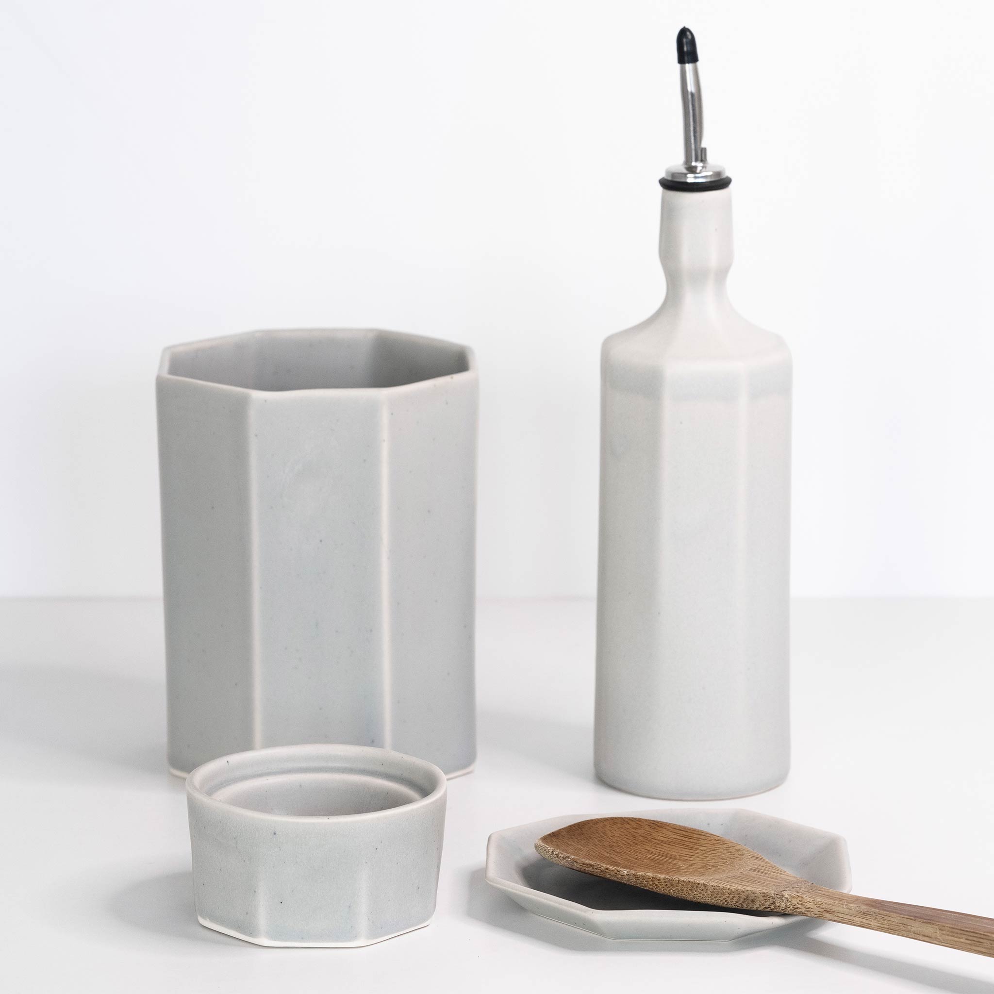 Ceramic Olive Oil Dispenser Bottle + Utensil Crock + Salt Cellar + Spoon Rest The Bright Angle