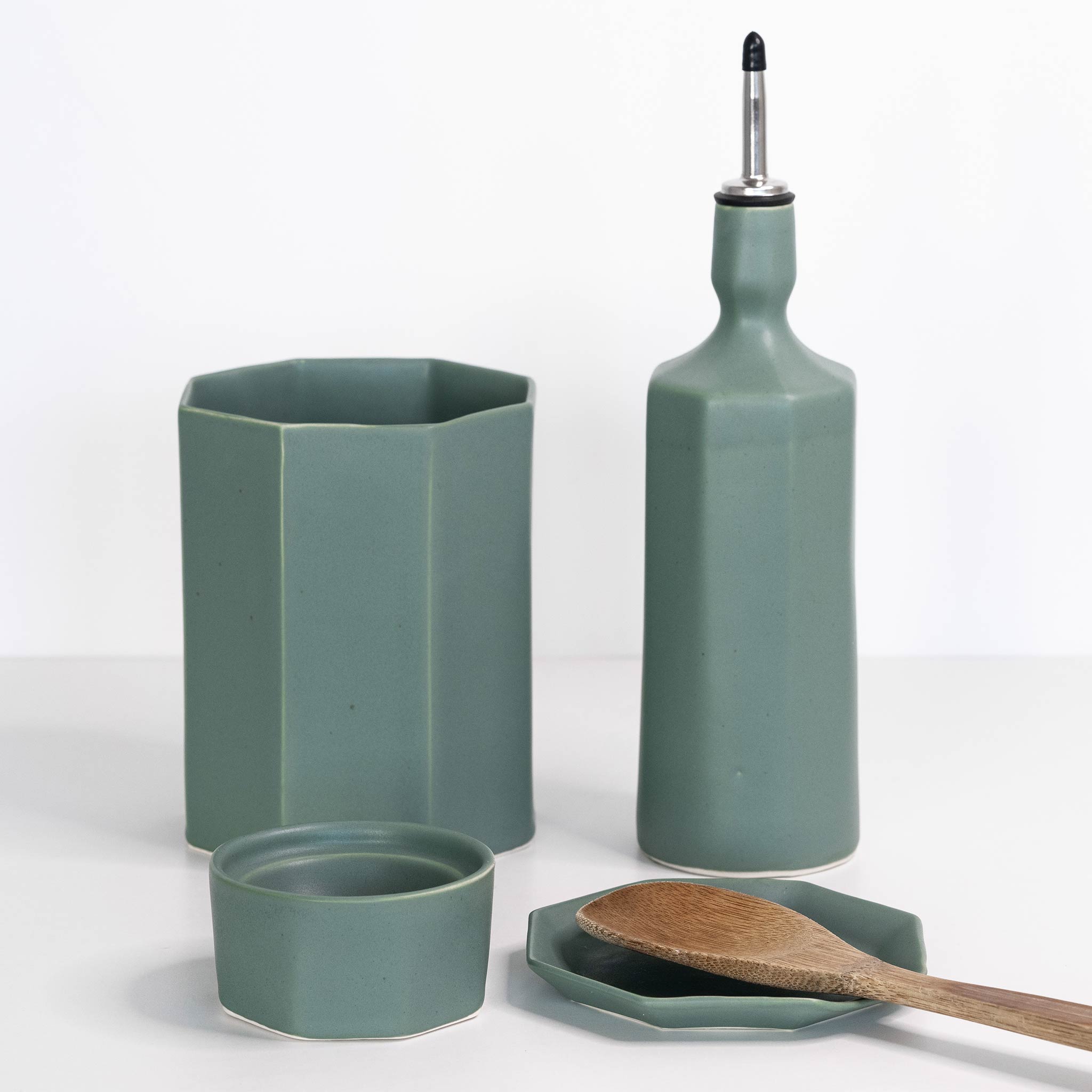 Ceramic Olive Oil Dispenser Bottle + Utensil Crock + Salt Cellar + Spoon Rest The Bright Angle