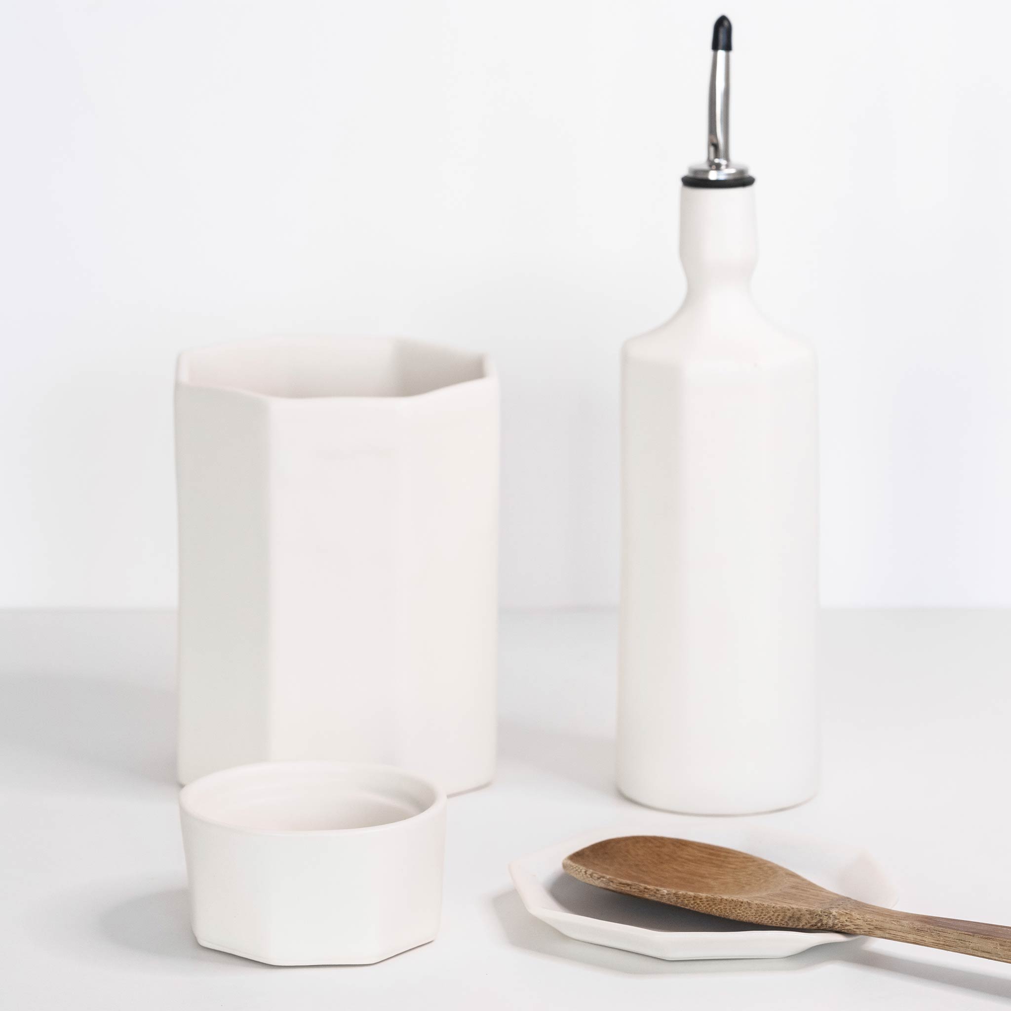 Ceramic Olive Oil Dispenser Bottle + Utensil Crock + Salt Cellar + Spoon Rest The Bright Angle